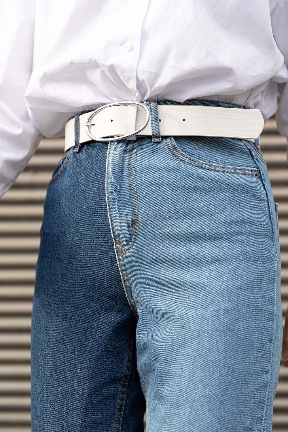 Modalamelif Geniş Oval Tokalı Gümüş Kemer Beyaz