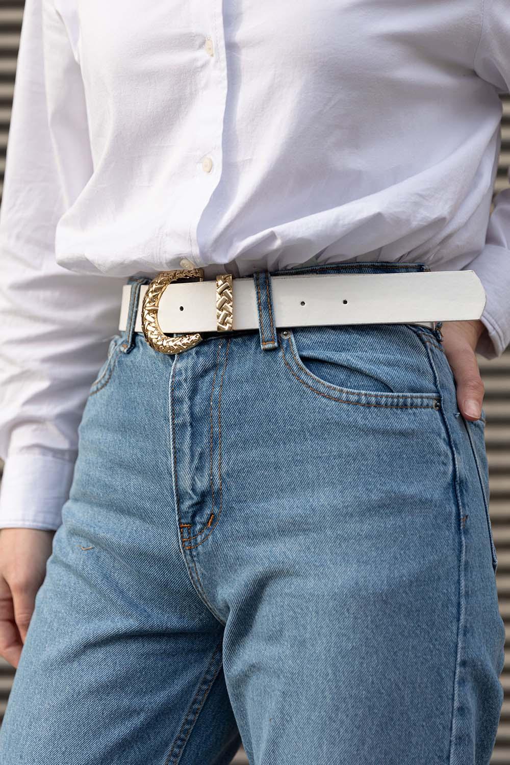 Modalamelif Hasır Örgü Tokalı Altın Sarısı Kemer Beyaz