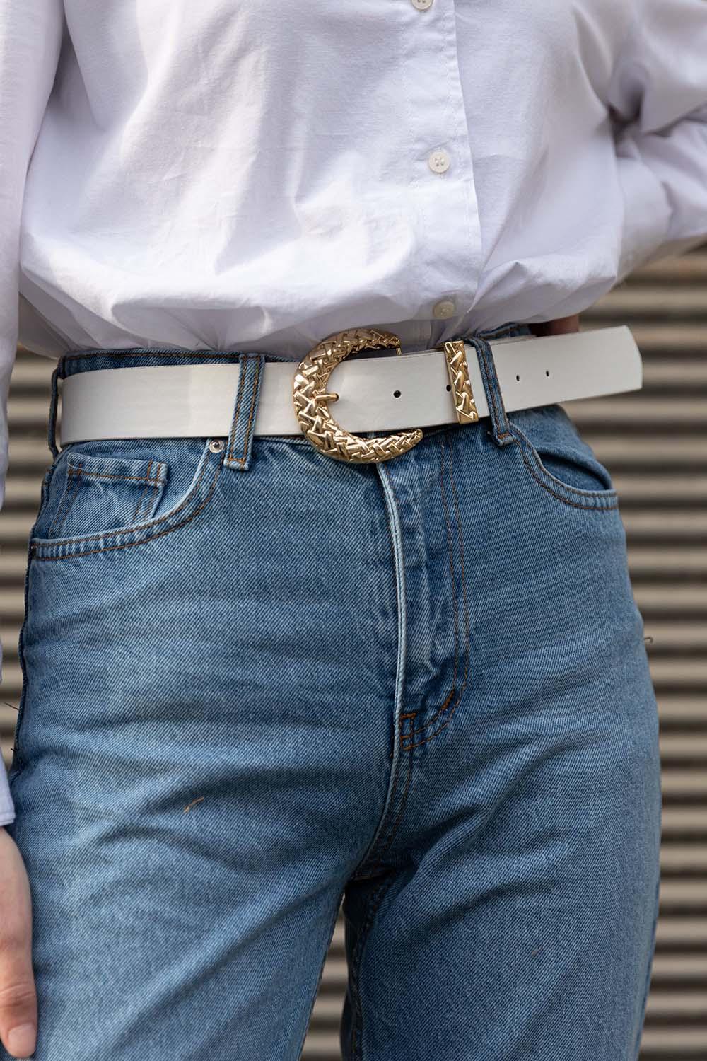 Modalamelif Hasır Örgü Tokalı Altın Sarısı Kemer Beyaz