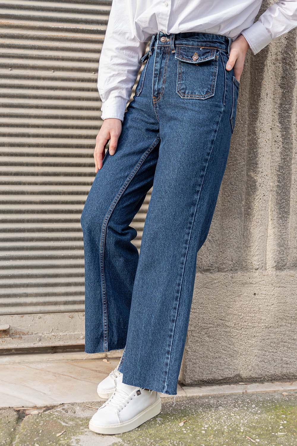 Lamelif Ön Kapak Cepli Mom Jean Koyu Mavi