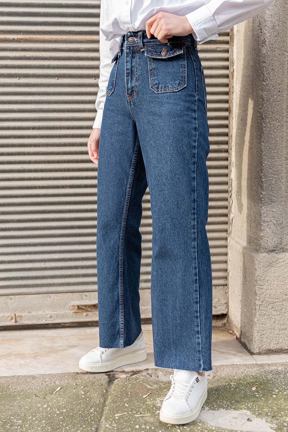 Lamelif Ön Kapak Cepli Mom Jean Koyu Mavi