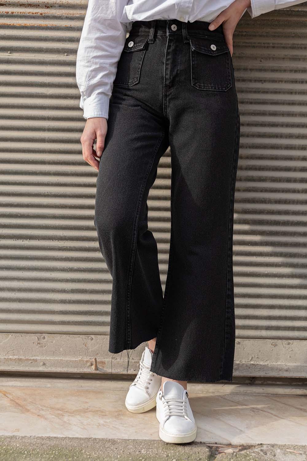 Black Denim Normal Waist Denim Pants