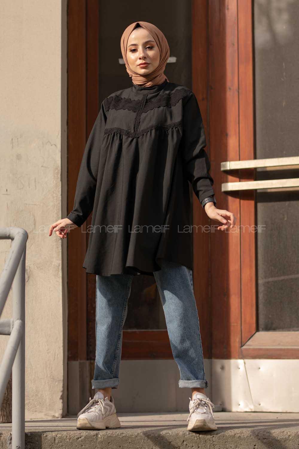 Modalamelif Güpürlü Poplin Gömlek Siyah