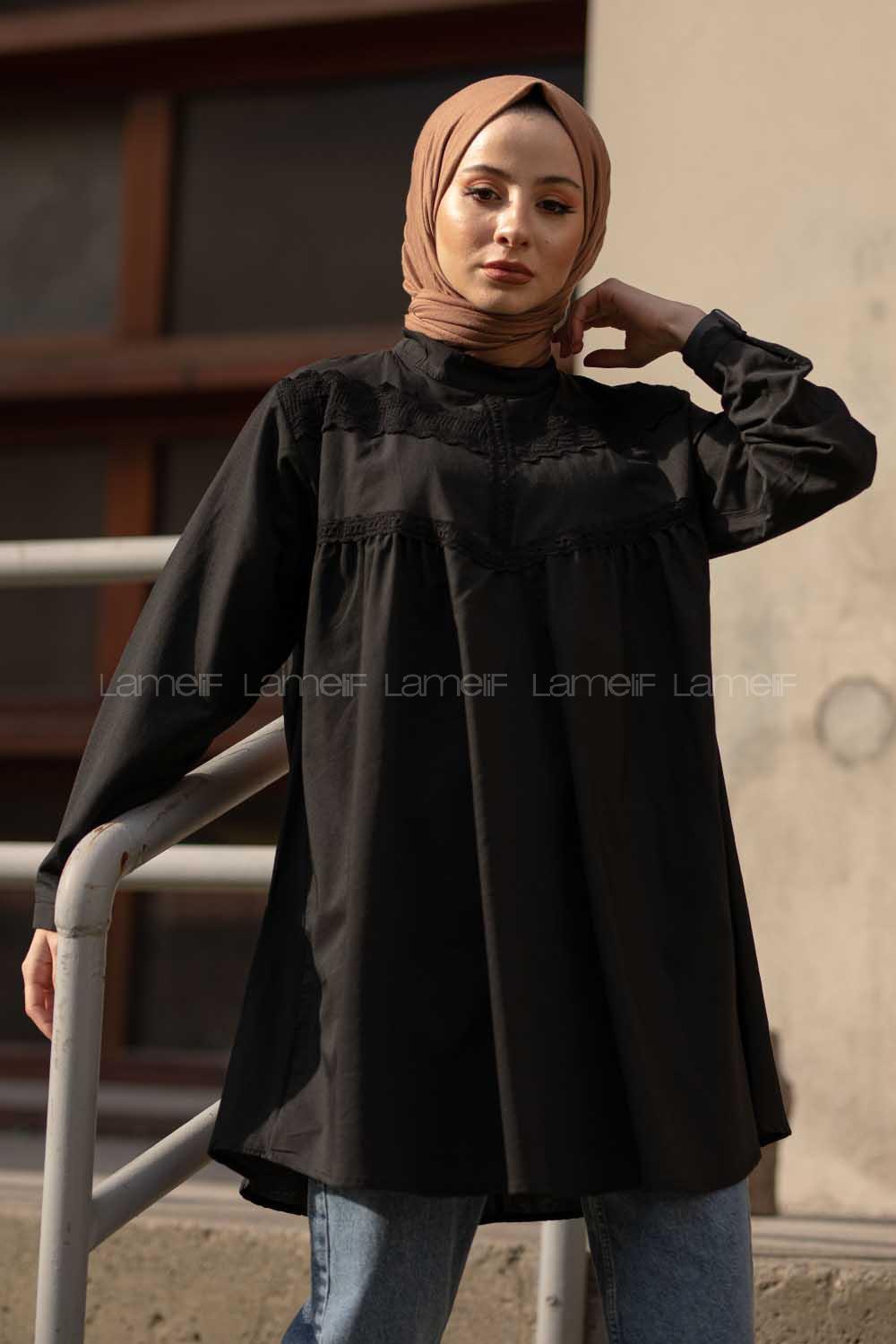 Modalamelif Güpürlü Poplin Gömlek Siyah