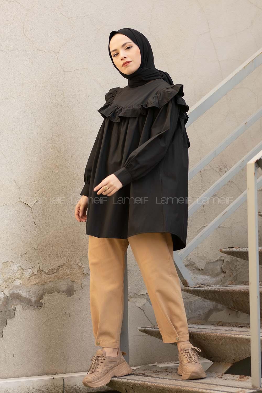 Modalamelif Önü Fırfırlı Tunik Siyah