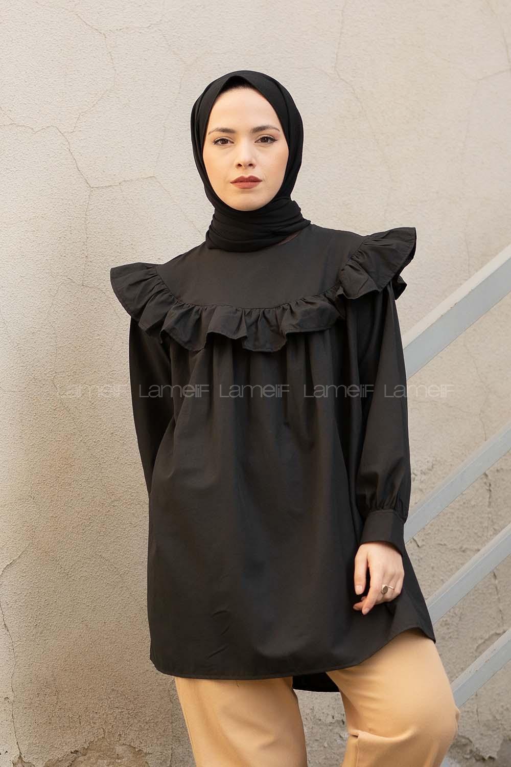 Modalamelif Önü Fırfırlı Tunik Siyah