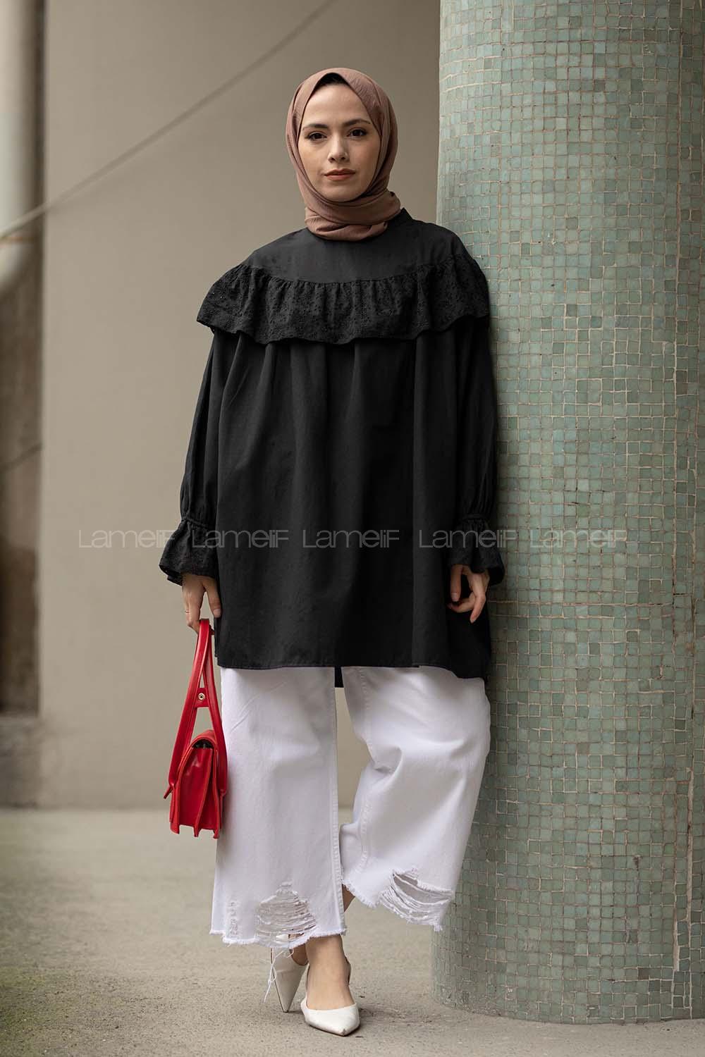 Modalamelif Kol Lastikli Fırfır Nakışlı Tunik Siyah