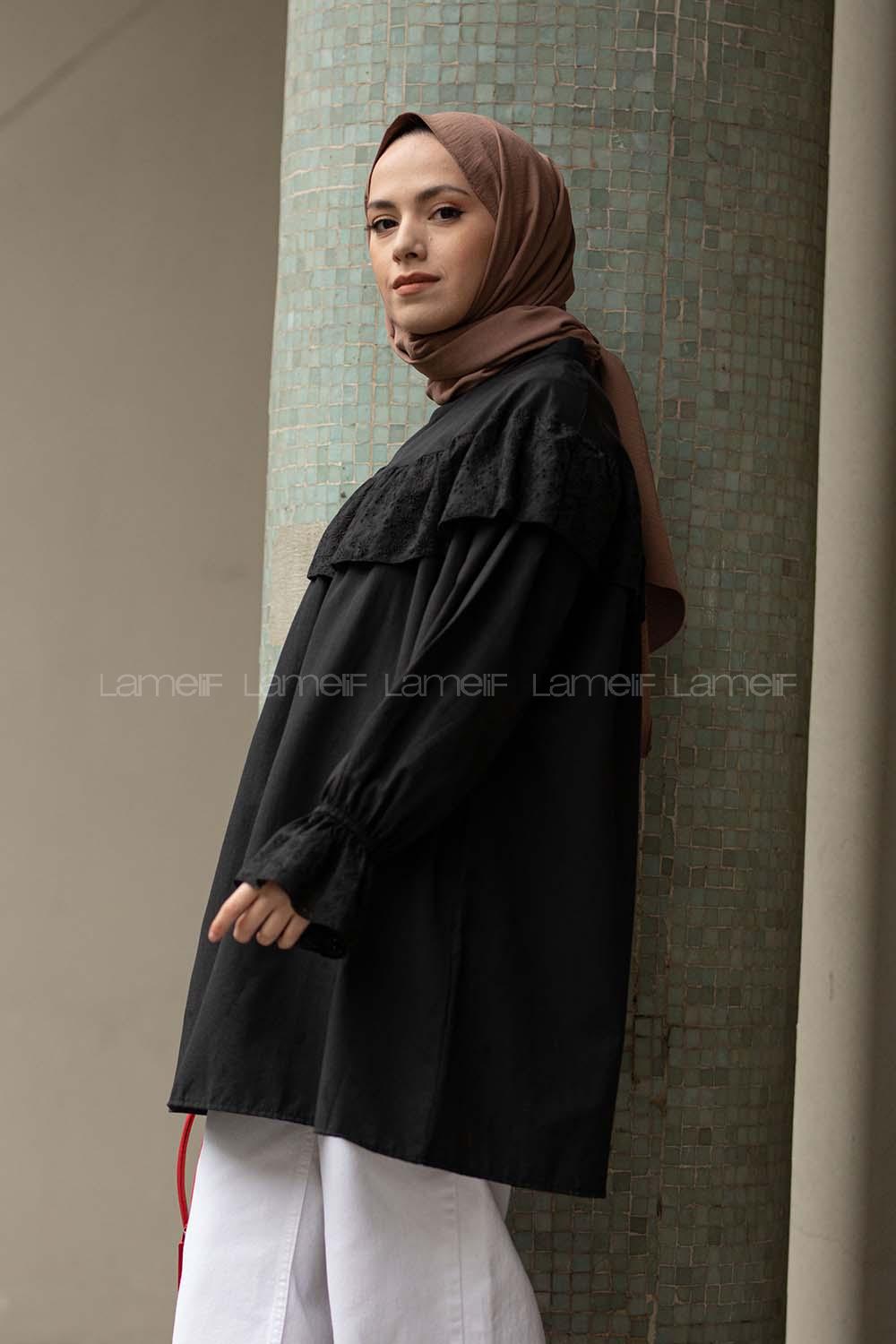 Modalamelif Kol Lastikli Fırfır Nakışlı Tunik Siyah