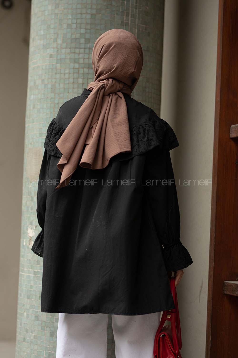 Modalamelif Kol Lastikli Fırfır Nakışlı Tunik Siyah