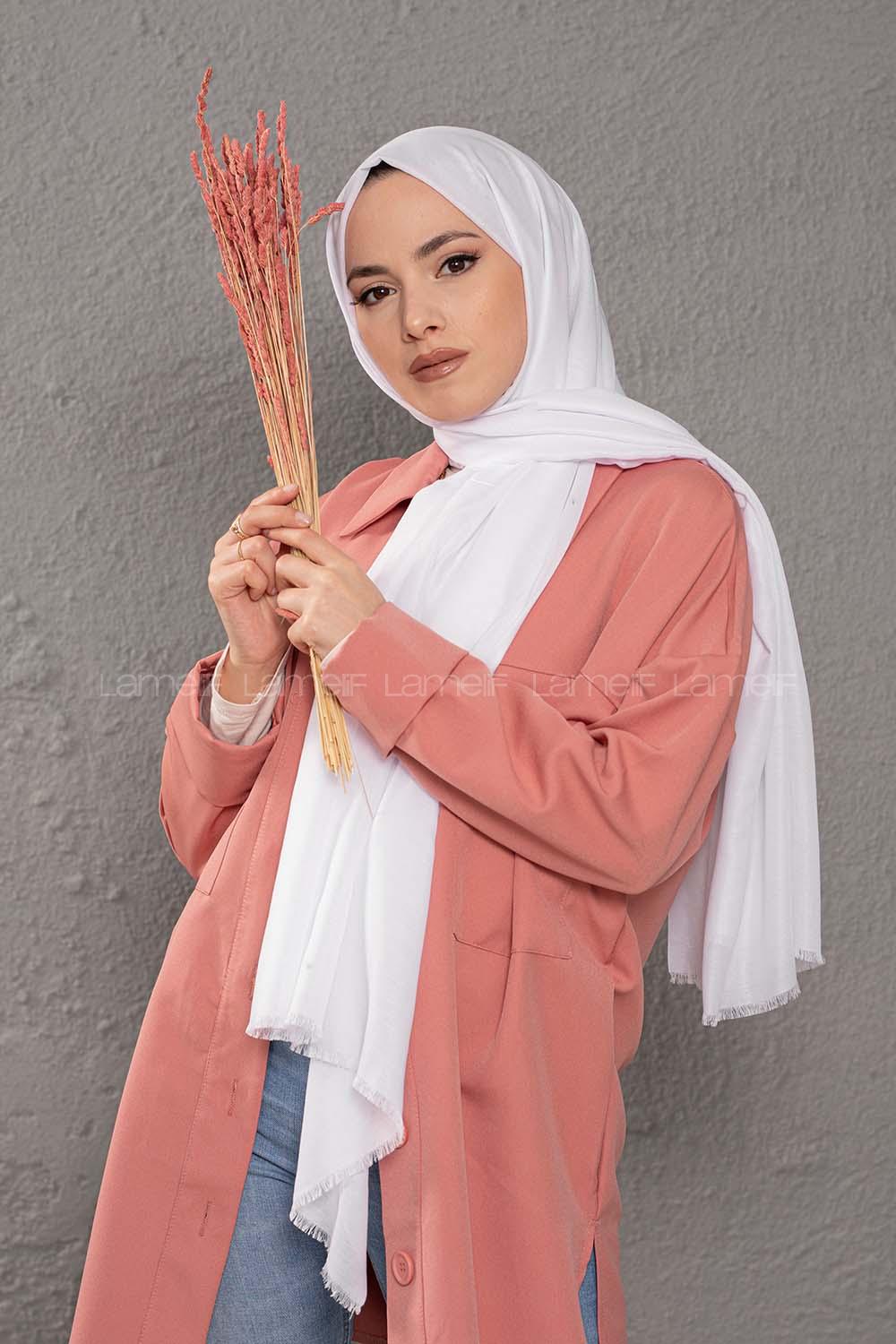 Lamelif Optik Beyaz İnce Keten Şal