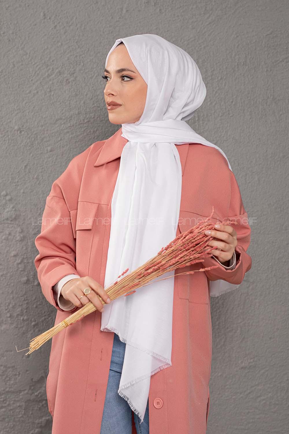 Lamelif Optik Beyaz İnce Keten Şal