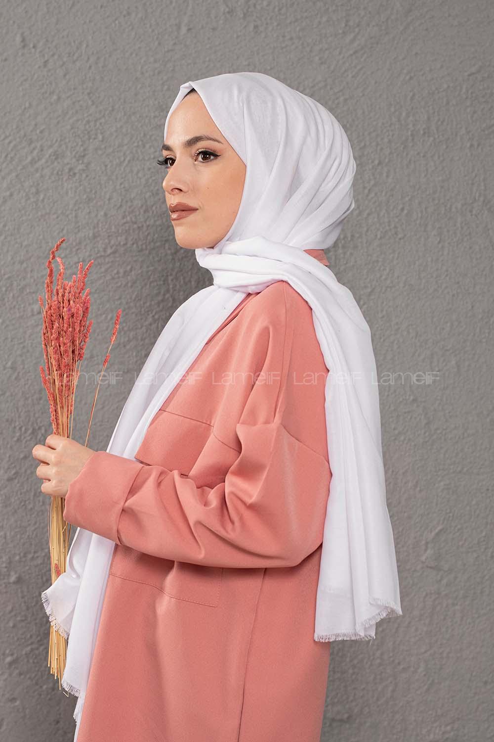 Lamelif Optik Beyaz İnce Keten Şal