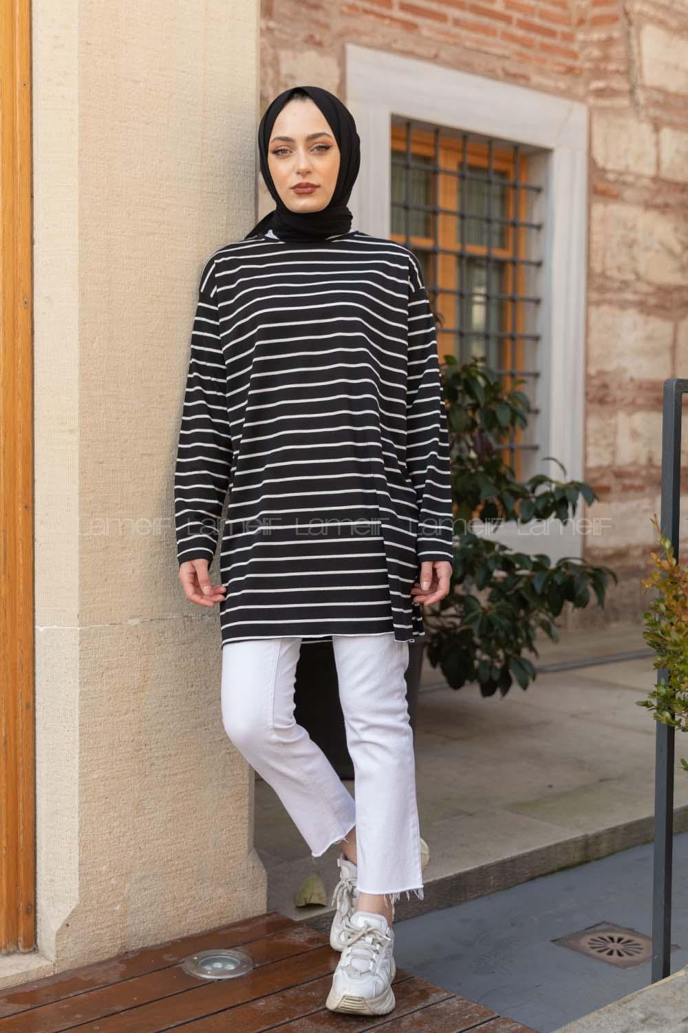 Modalamelif Çizgili Tunik Siyah