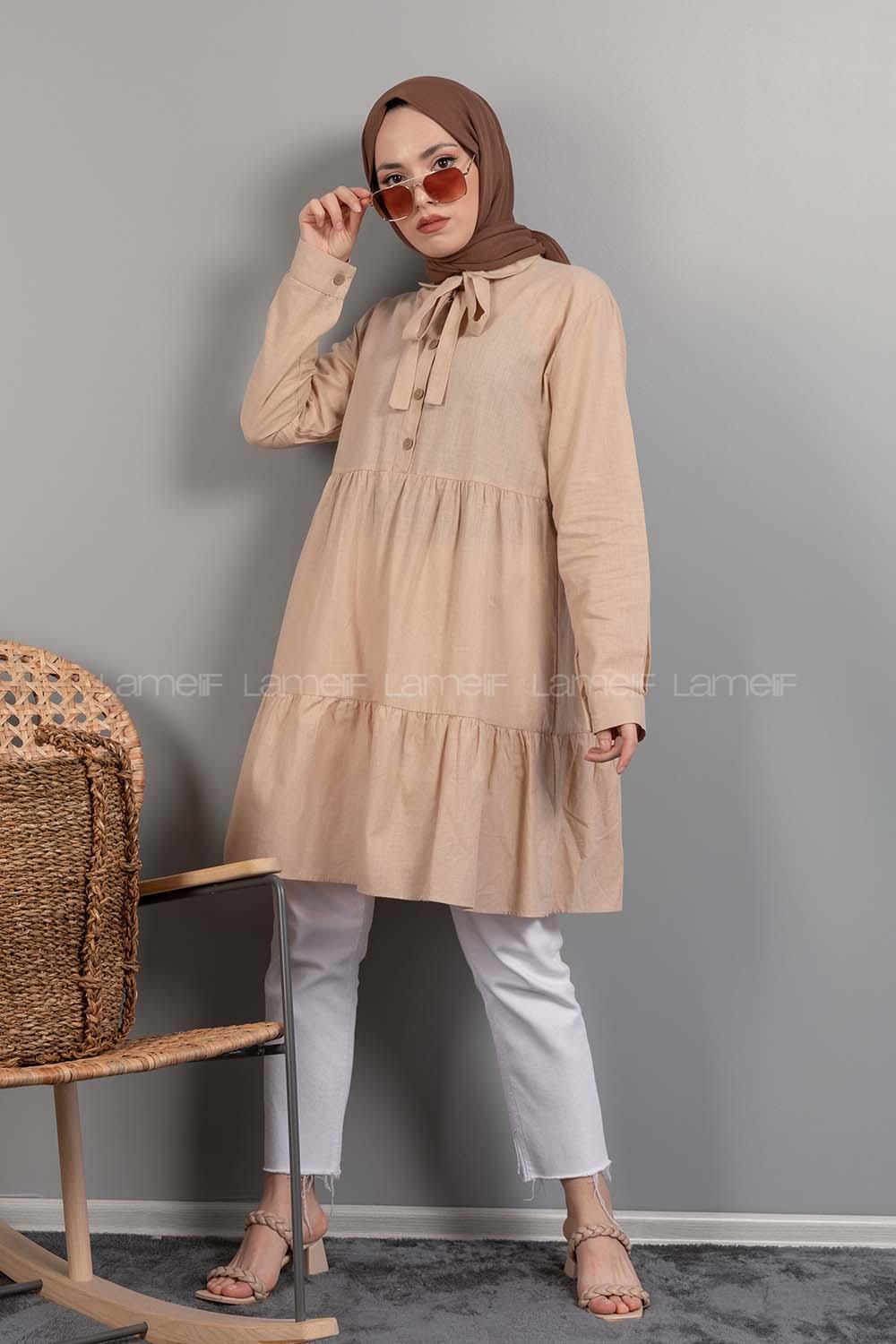 Modalamelif Yaka Bağlamalı Fırfırlı Tunik Sütlü Kahve