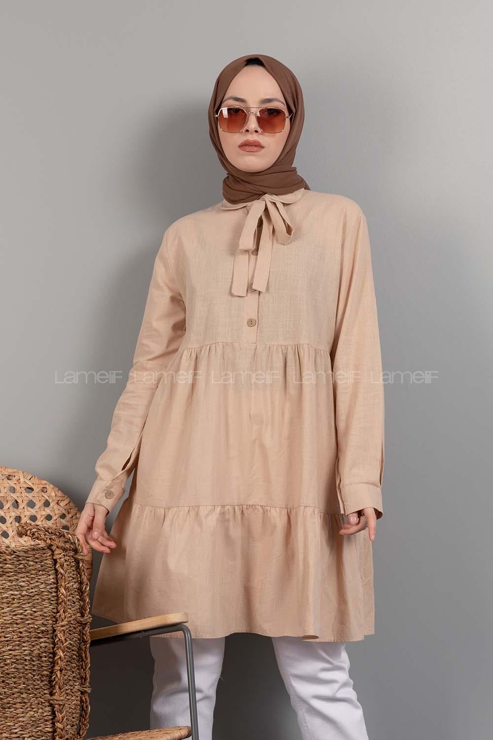 Modalamelif Yaka Bağlamalı Fırfırlı Tunik Sütlü Kahve