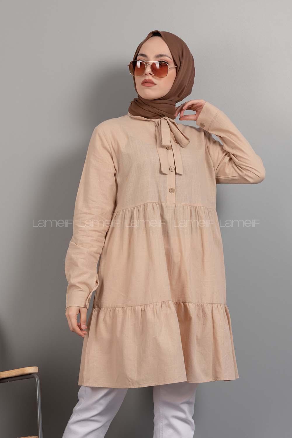 Modalamelif Yaka Bağlamalı Fırfırlı Tunik Sütlü Kahve