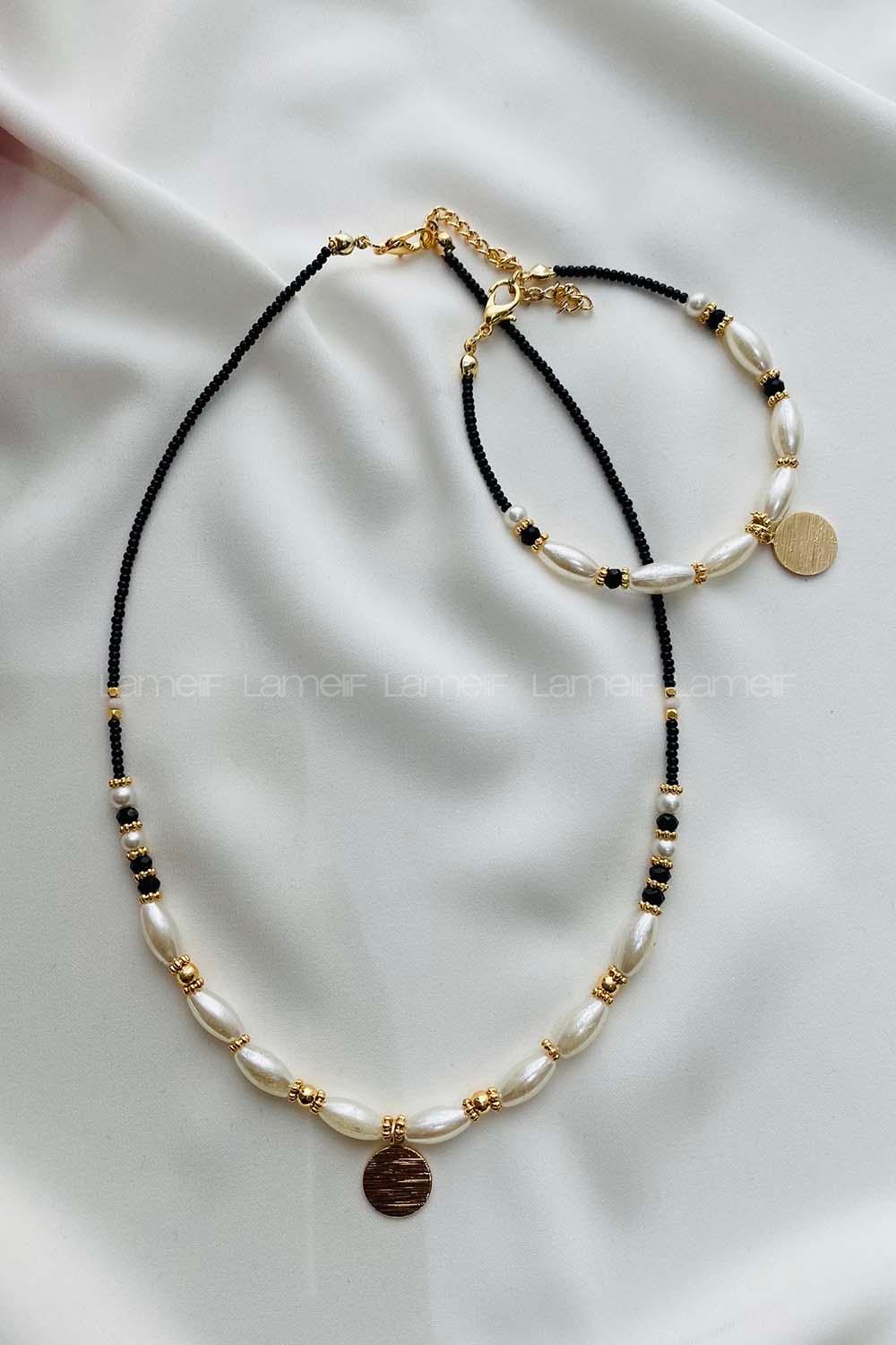 Modalamelif Siyah İnci Kolye Bileklik Set