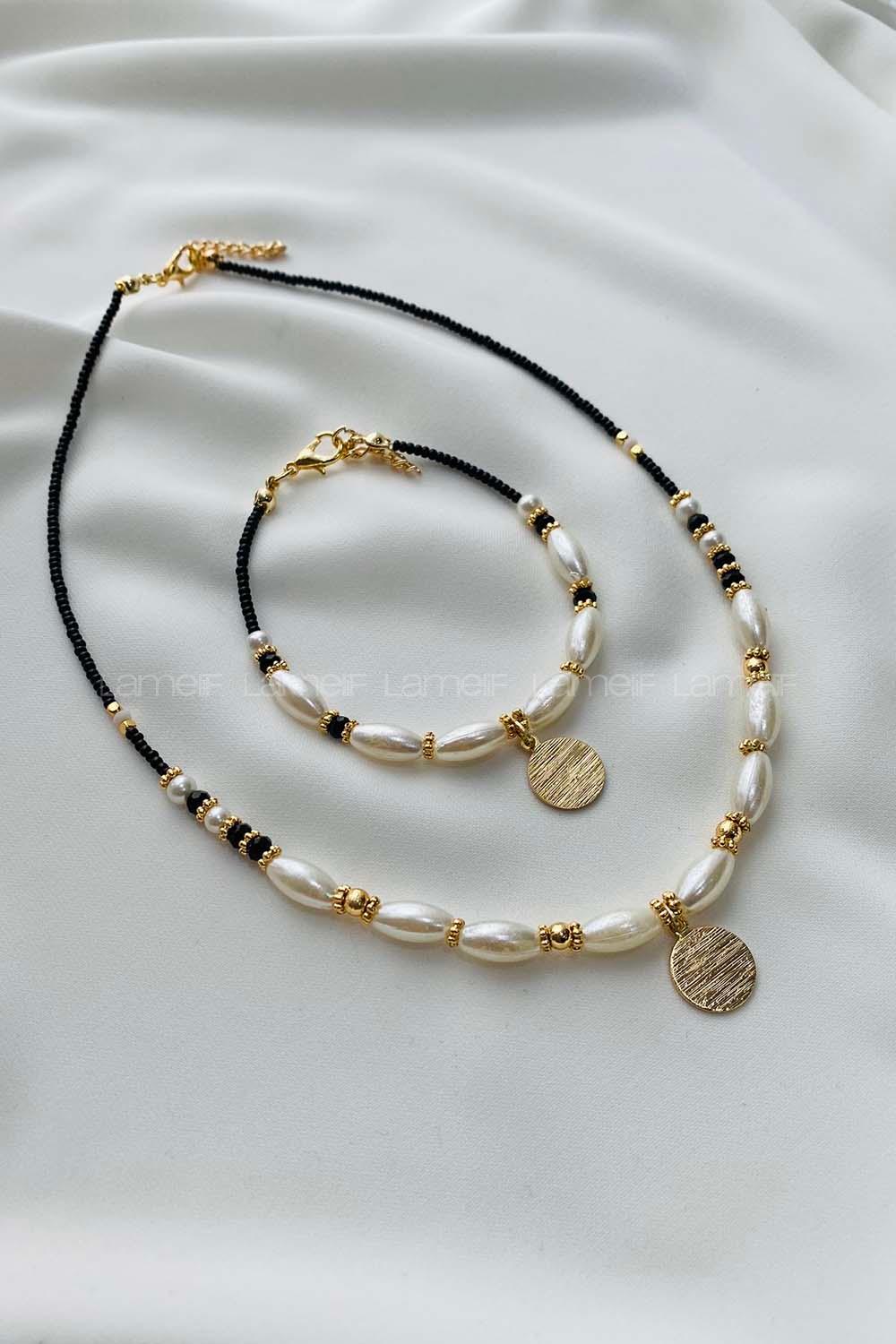 Modalamelif Siyah İnci Kolye Bileklik Set