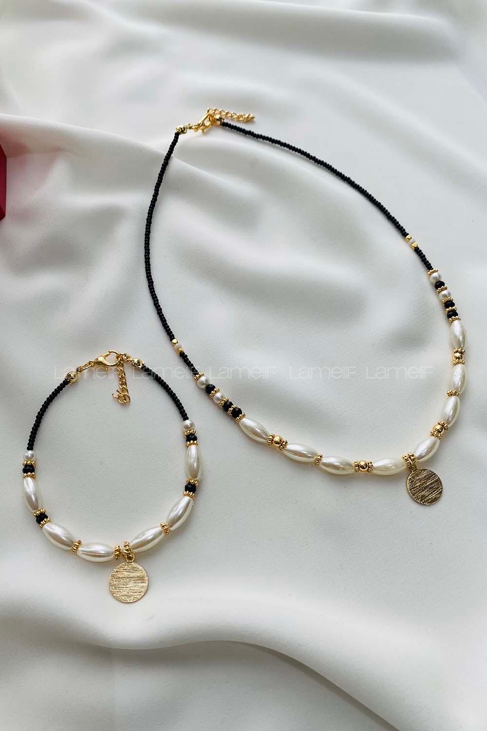 Modalamelif Siyah İnci Kolye Bileklik Set