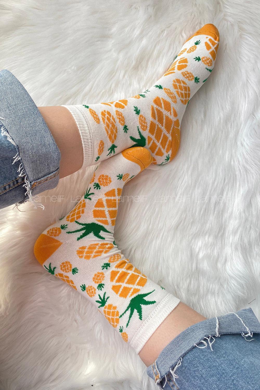 Modalamelif Ananas İşlemeli Soket Çorap Beyaz