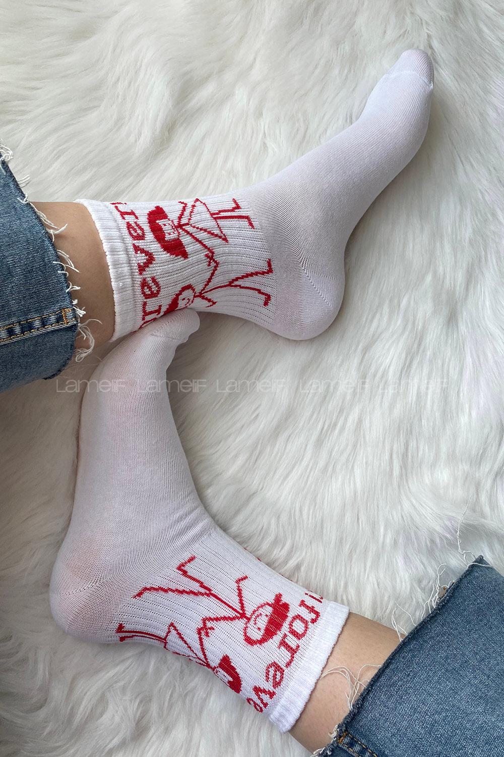 Modalamelif Forever Nakışlı Soket Çorap Beyaz