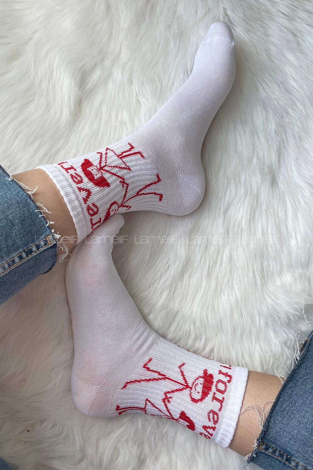 Modalamelif Forever Nakışlı Soket Çorap Beyaz