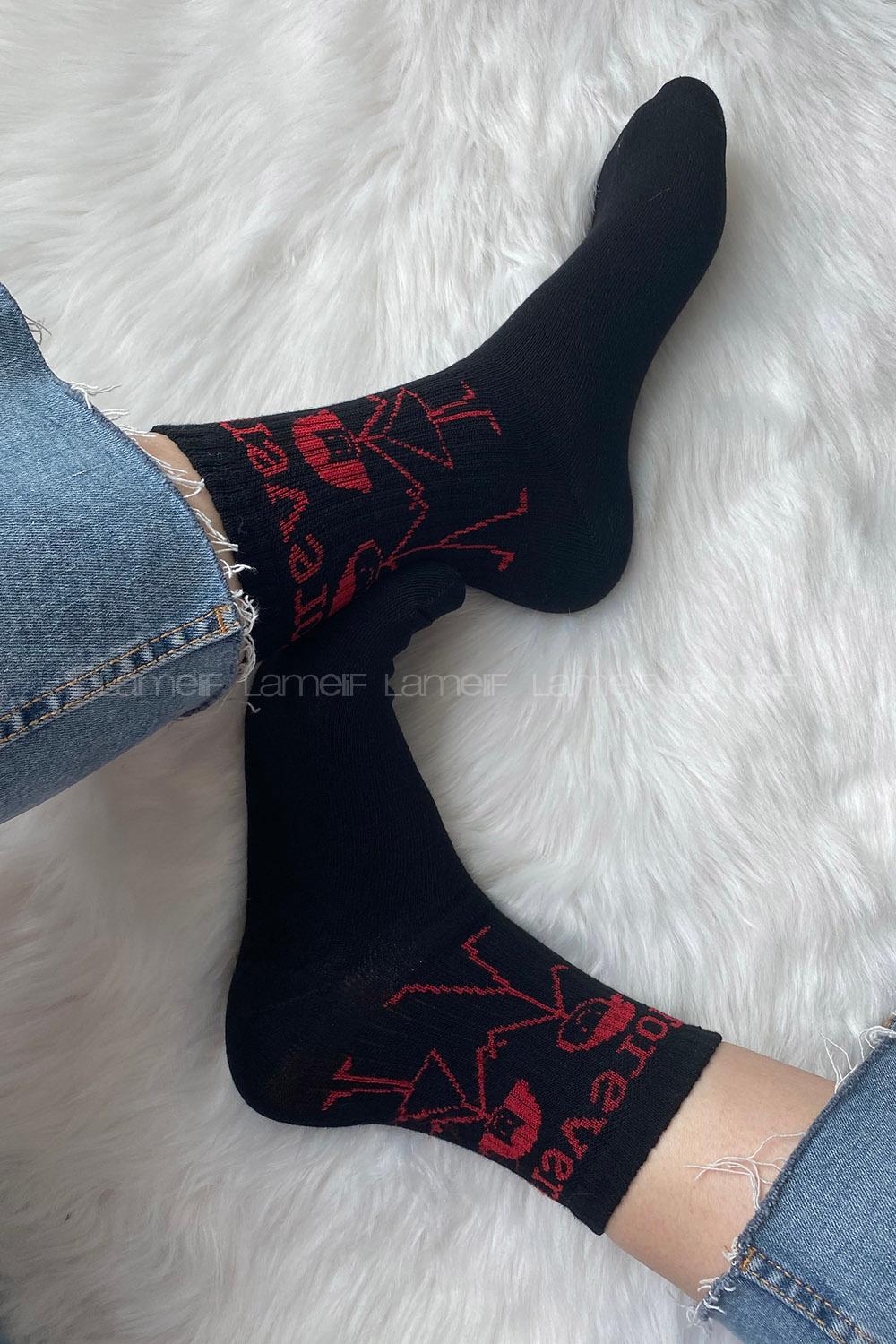 Modalamelif Forever Nakışlı Soket Çorap Siyah