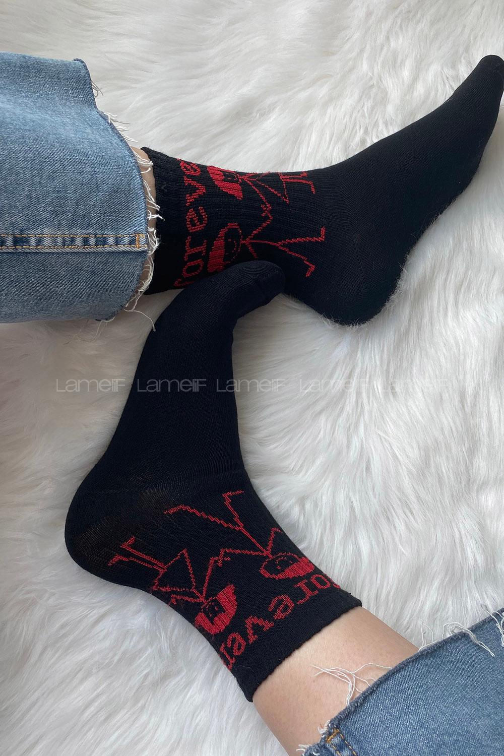 Modalamelif Forever Nakışlı Soket Çorap Siyah