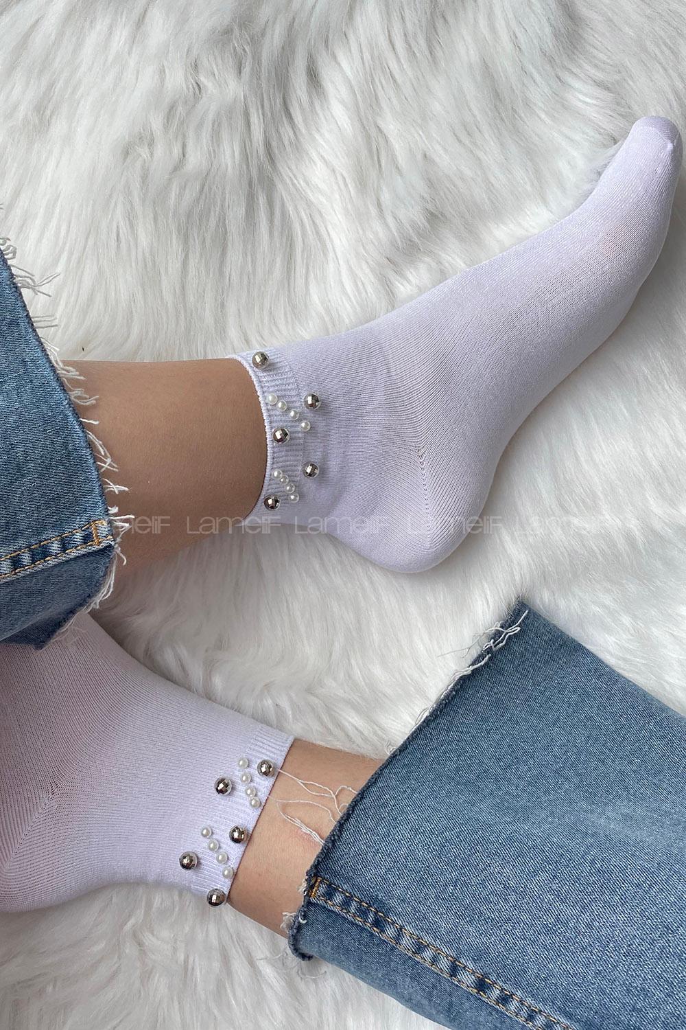 Modalamelif Bambu İncili Patik Çorap Beyaz