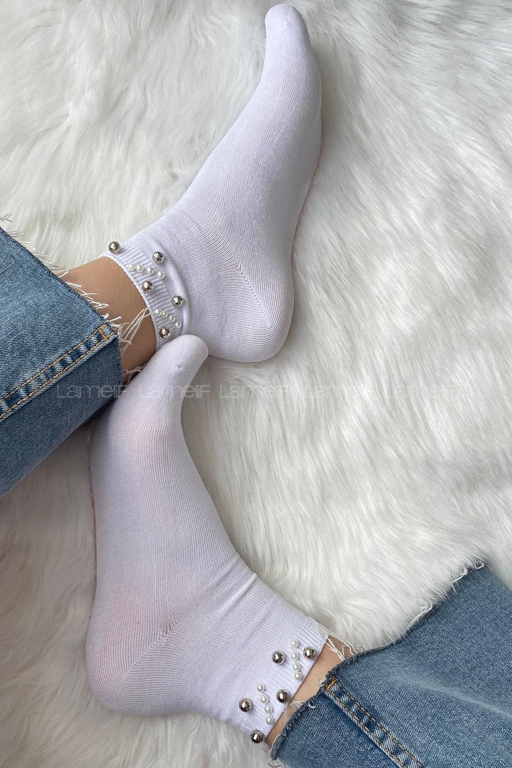 Modalamelif Bambu İncili Patik Çorap Beyaz