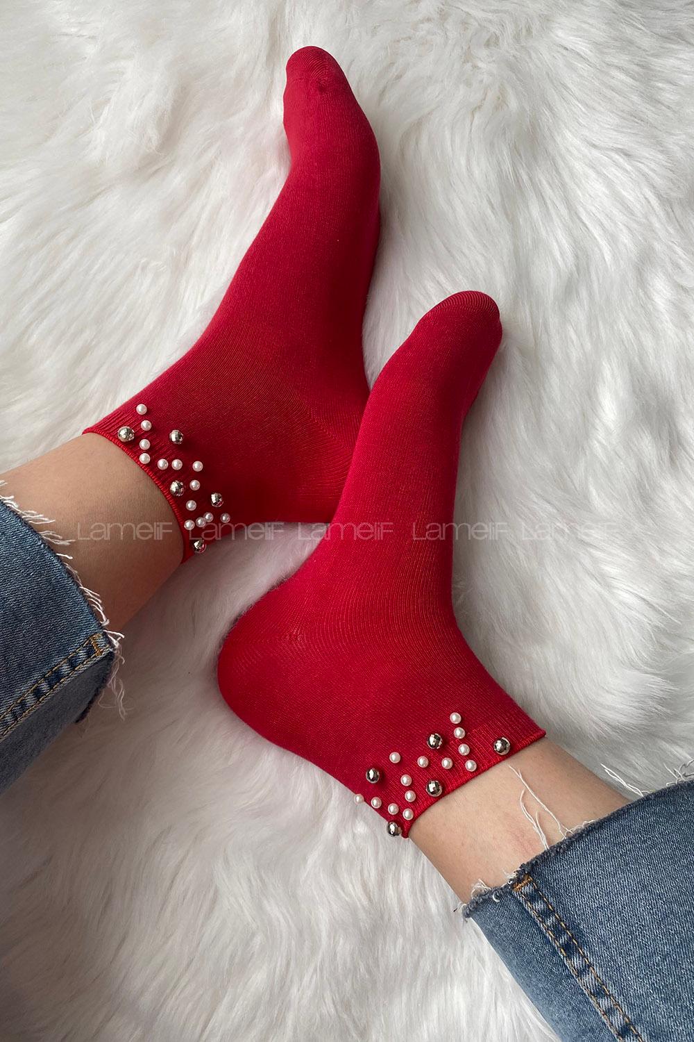 Modalamelif İncili Bambu Soket Çorap Kırmızı