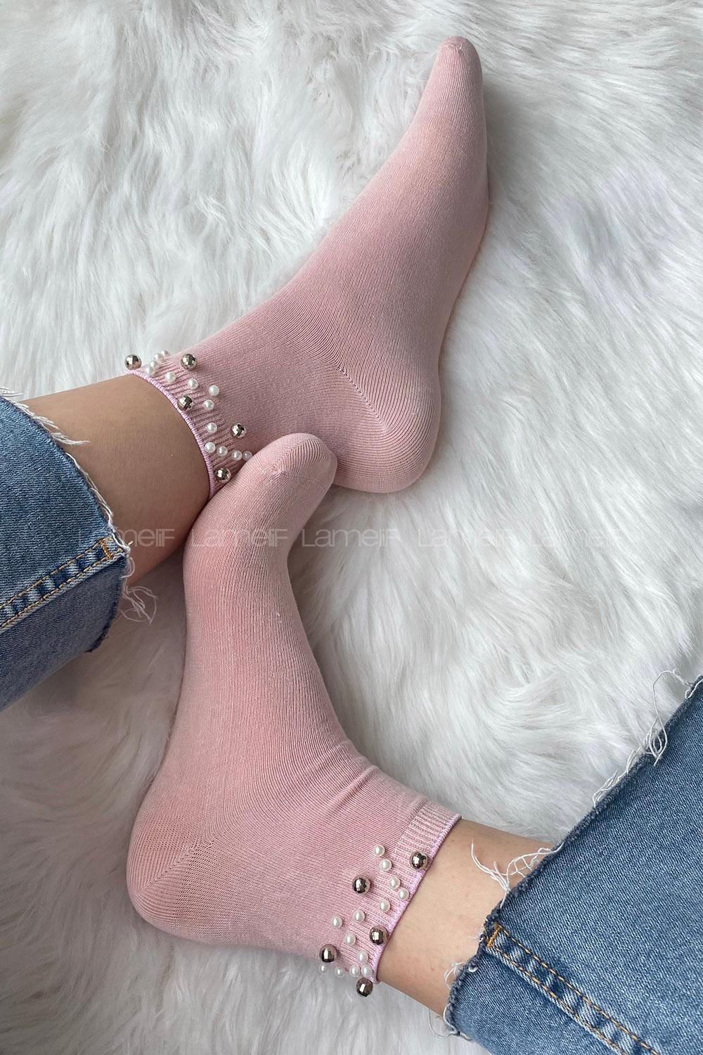 Modalamelif İncili Bambu Soket Çorap Pudra