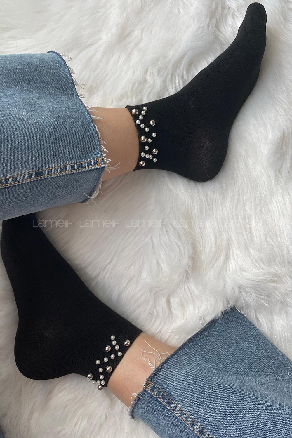 Modalamelif İncili Bambu Soket Çorap Siyah