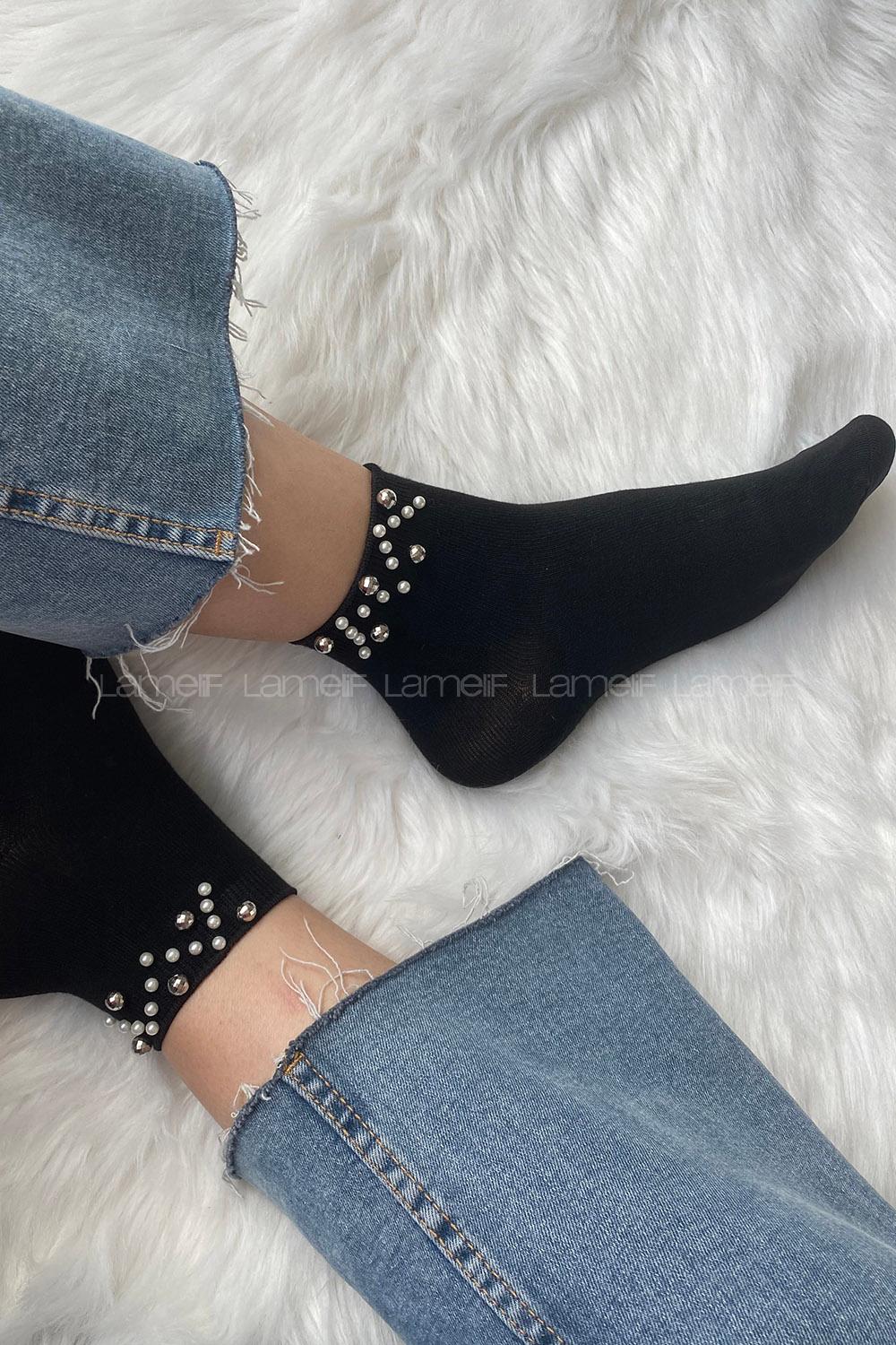 Modalamelif İncili Bambu Soket Çorap Siyah