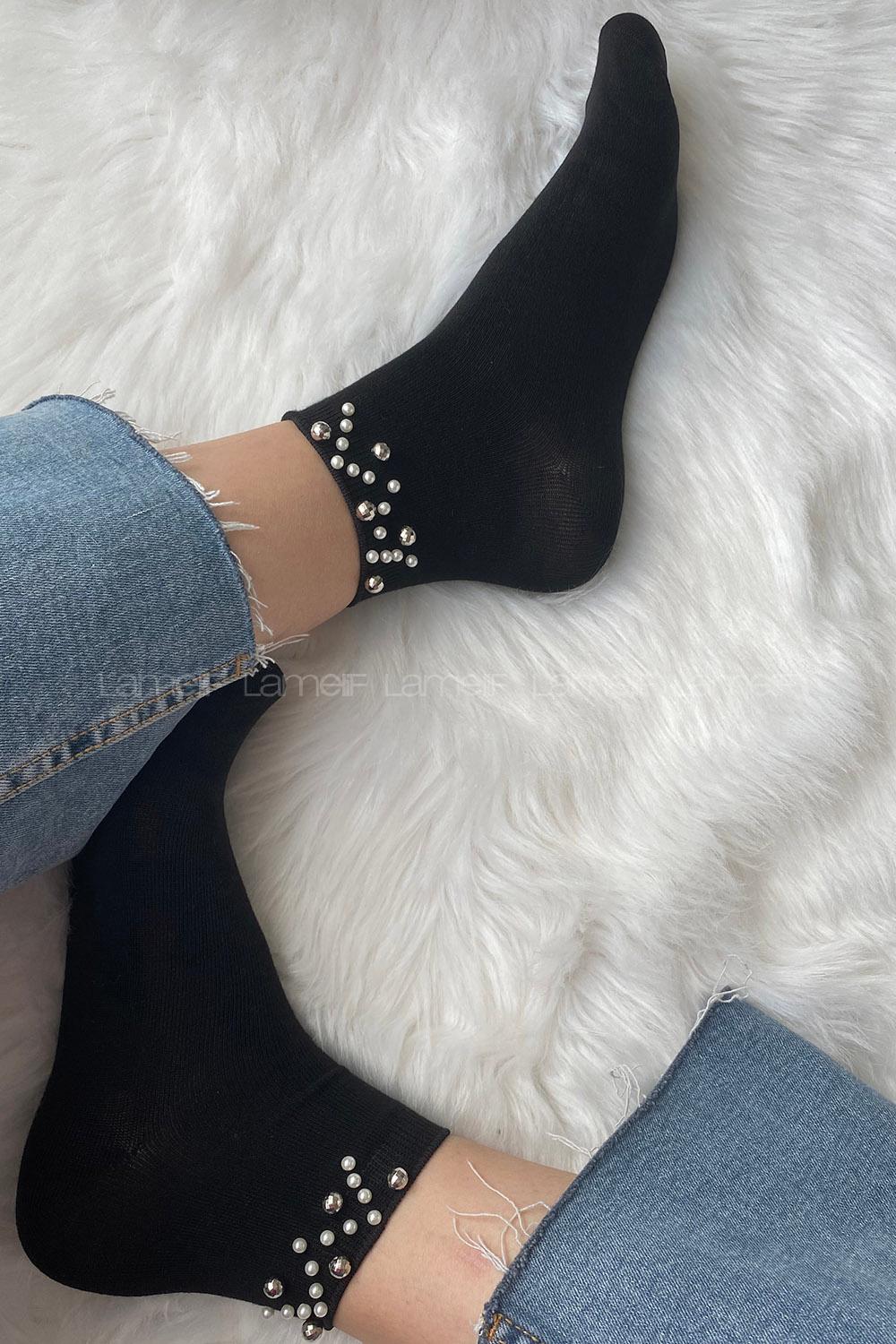 Modalamelif İncili Bambu Soket Çorap Siyah