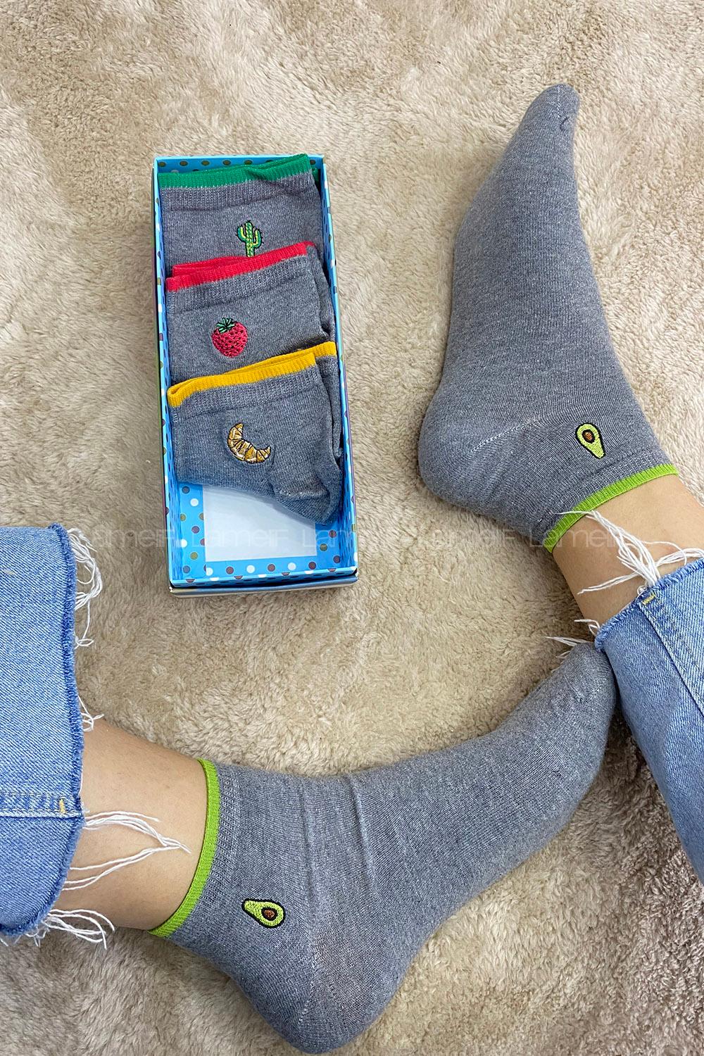 Modalamelif İşlemeli 4 lü Soket Çorap Gri