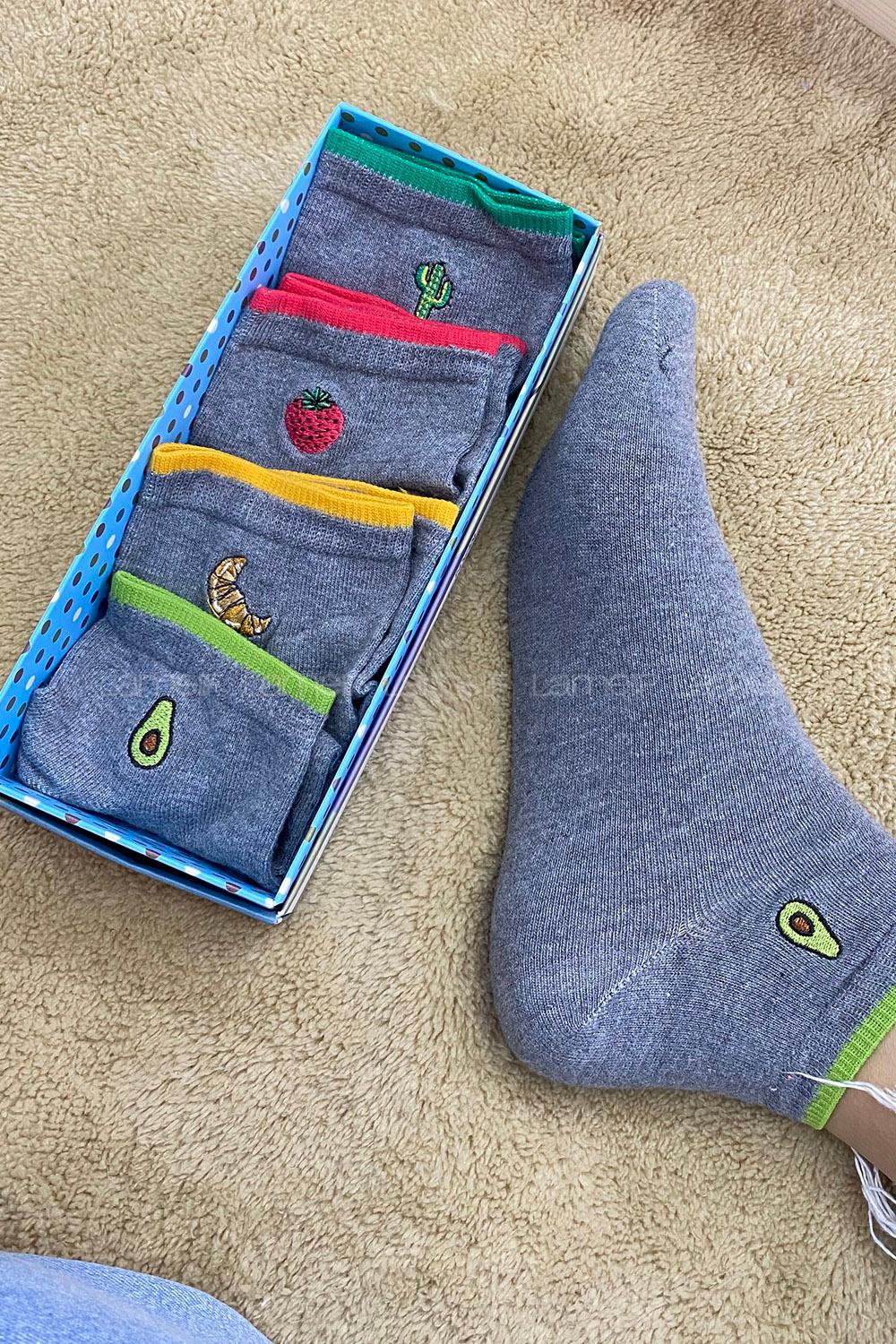 Modalamelif İşlemeli 4 lü Soket Çorap Gri