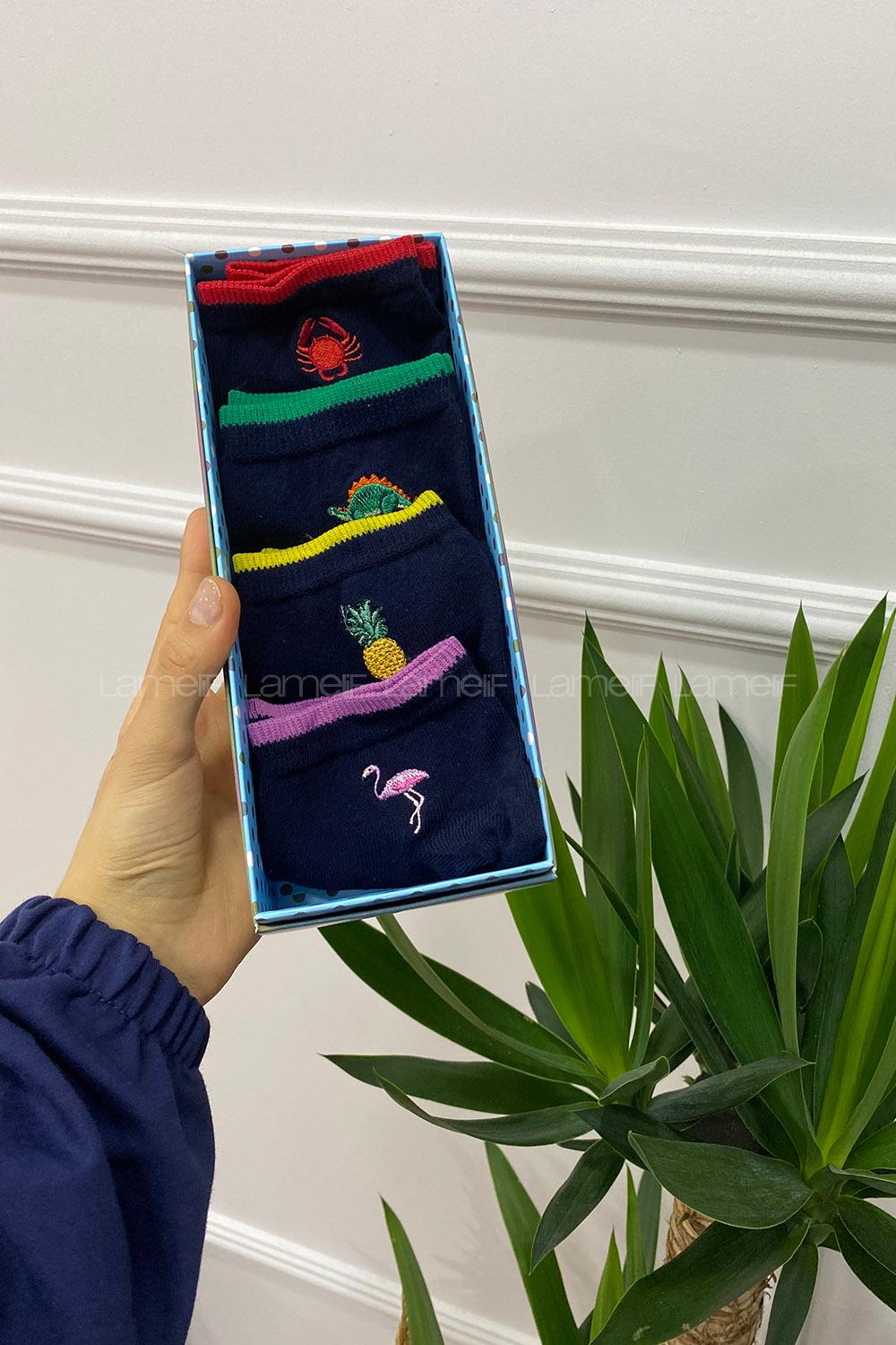 Modalamelif İşlemeli 4 lü Soket Çorap Lacivert