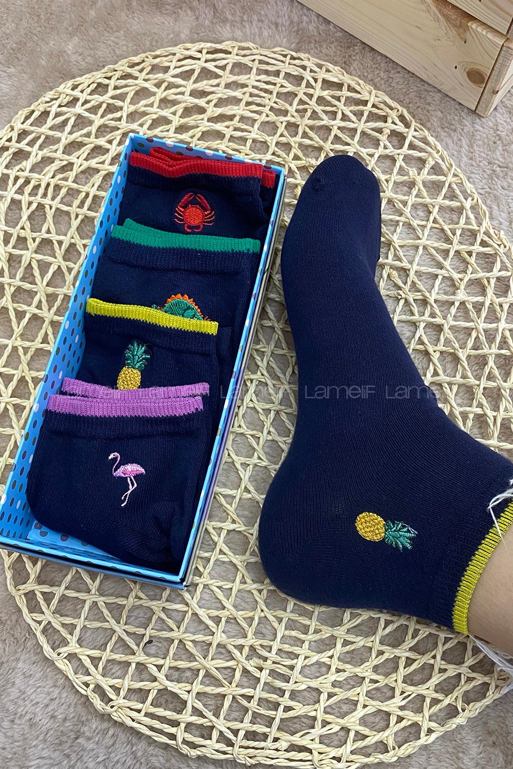 Modalamelif İşlemeli 4 lü Soket Çorap Lacivert