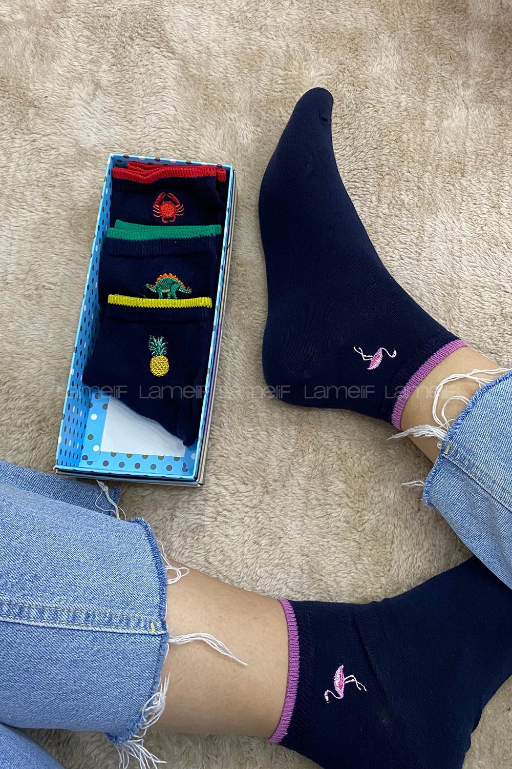 Modalamelif İşlemeli 4 lü Soket Çorap Lacivert