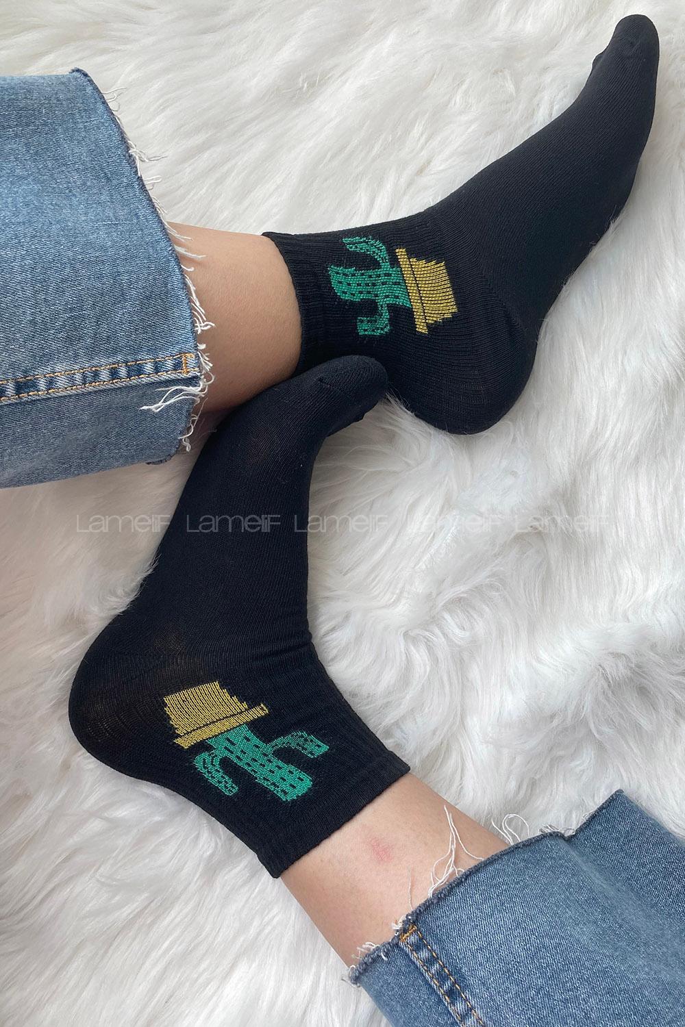 Modalamelif Kaktüs Nakışlı Soket Çorap Siyah