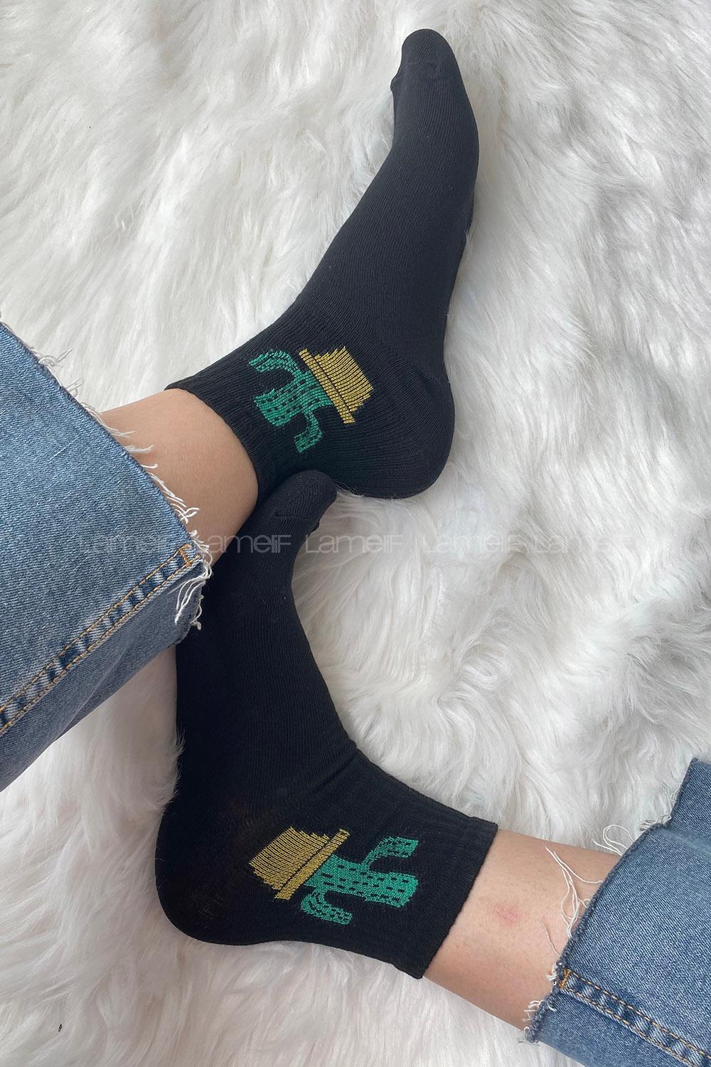 Modalamelif Kaktüs Nakışlı Soket Çorap Siyah