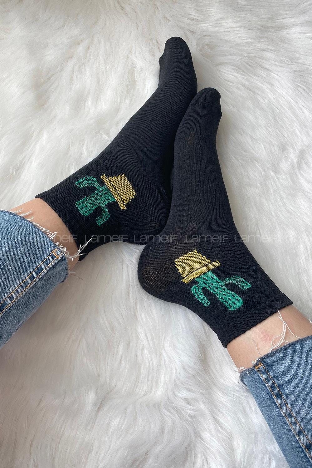 Modalamelif Kaktüs Nakışlı Soket Çorap Siyah