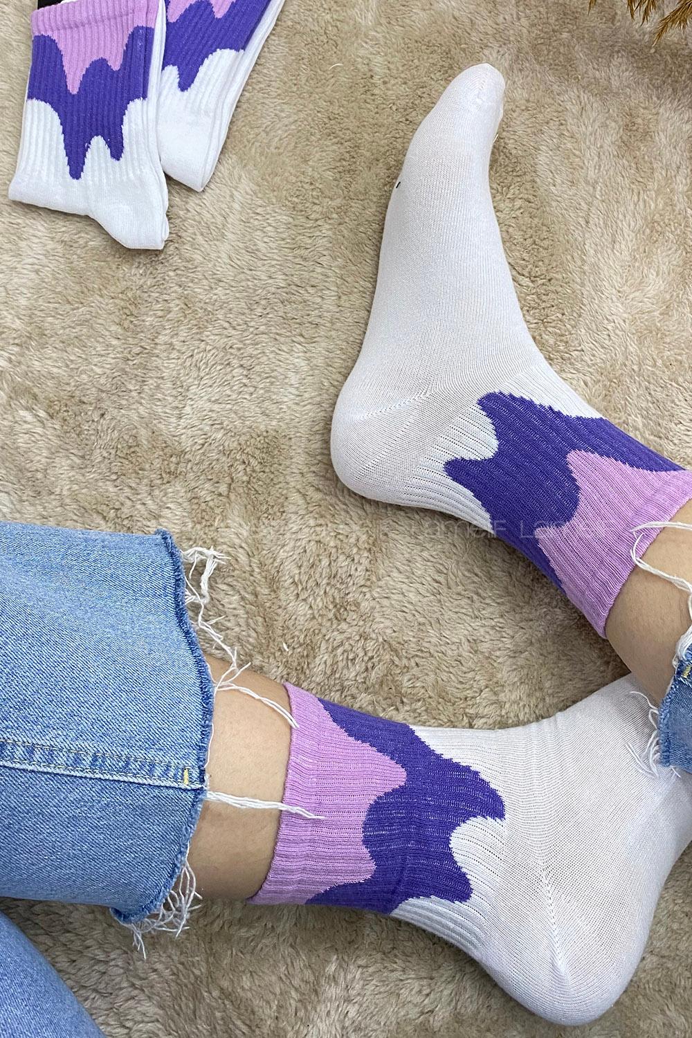 Modalamelif Lila Geçişli Soket Çorap Beyaz