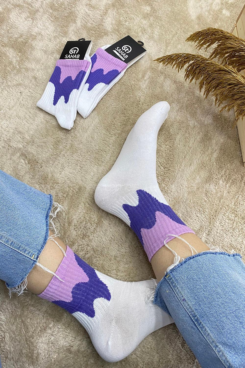 Modalamelif Lila Geçişli Soket Çorap Beyaz