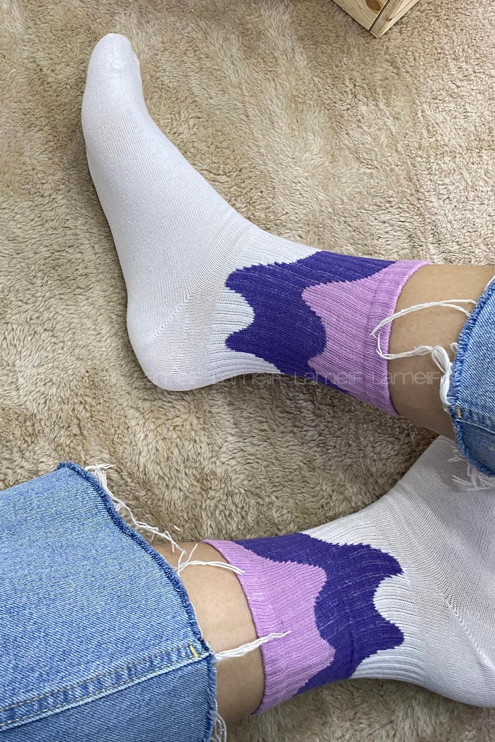 Modalamelif Lila Geçişli Soket Çorap Beyaz