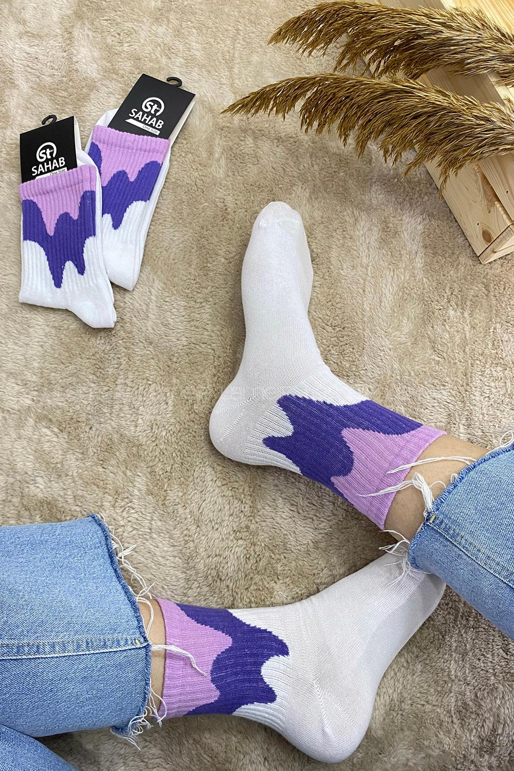 Modalamelif Lila Geçişli Soket Çorap Beyaz