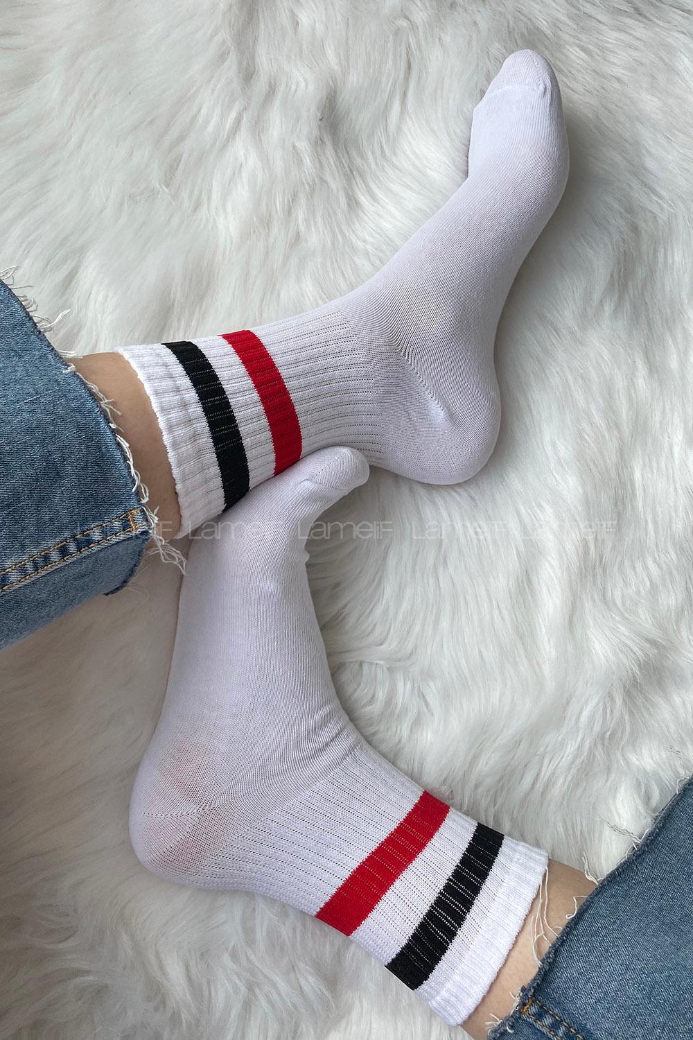 ModalemelModalamelifKırmızı Siyah Çizgili Soket Çorap Beyaz