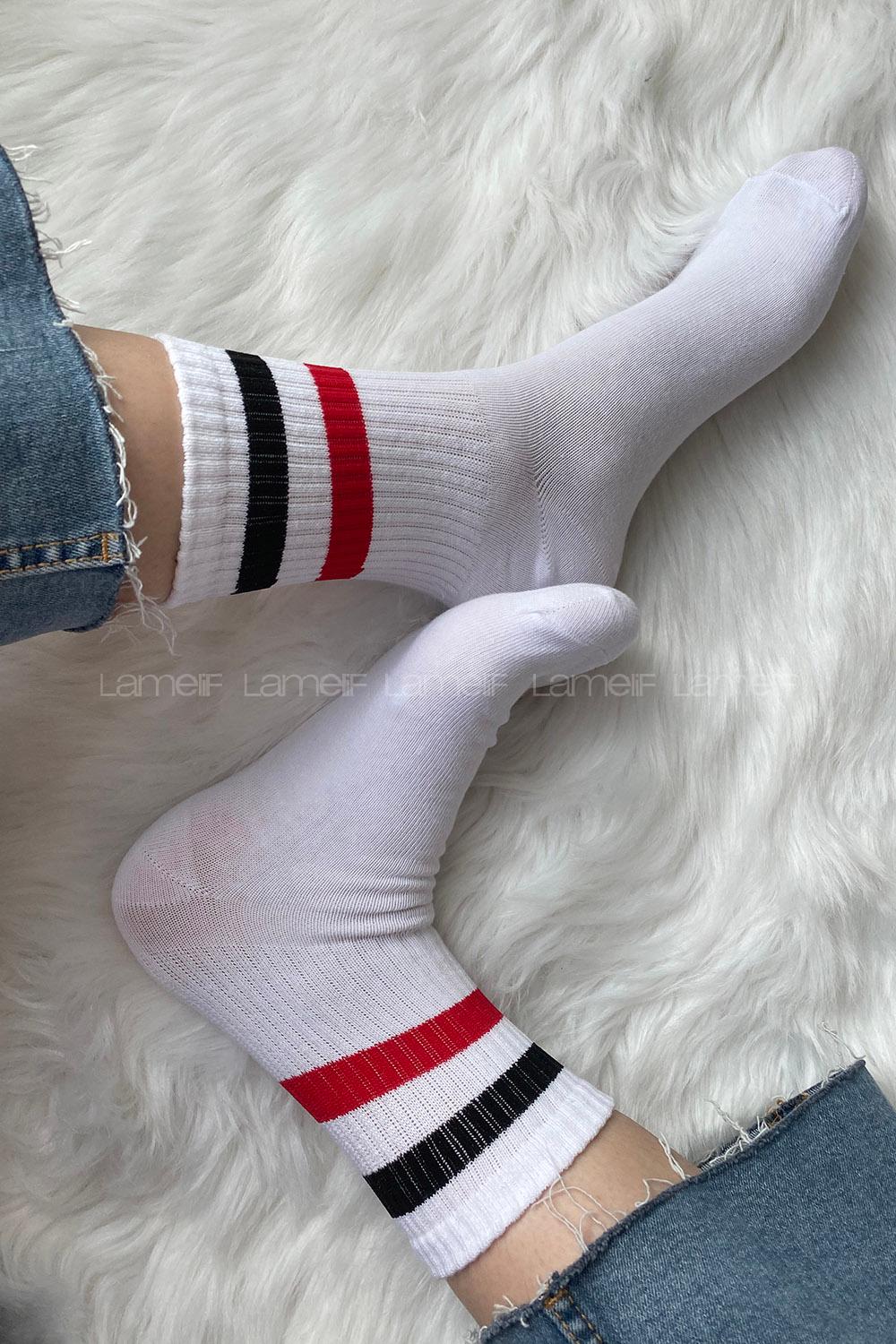 ModalemelModalamelifKırmızı Siyah Çizgili Soket Çorap Beyaz