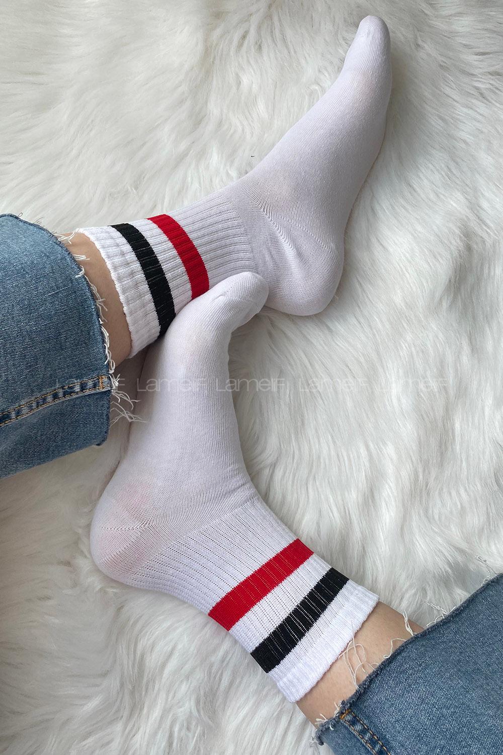 ModalemelModalamelifKırmızı Siyah Çizgili Soket Çorap Beyaz